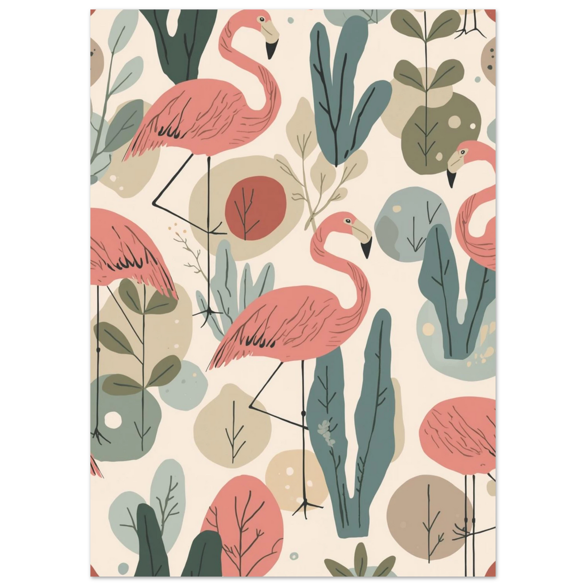 Närbild på stiliserade rosa flamingos och abstrakta växter, grafiskt print