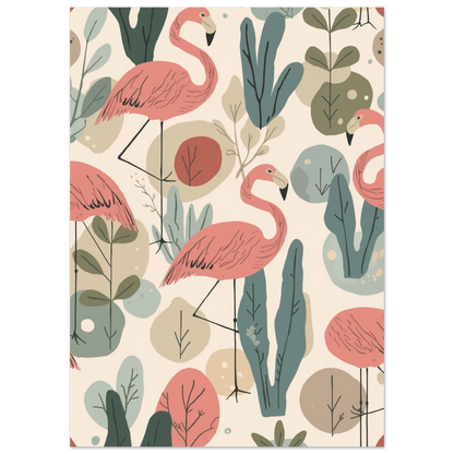 Närbild på stiliserade rosa flamingos och abstrakta växter, grafiskt print