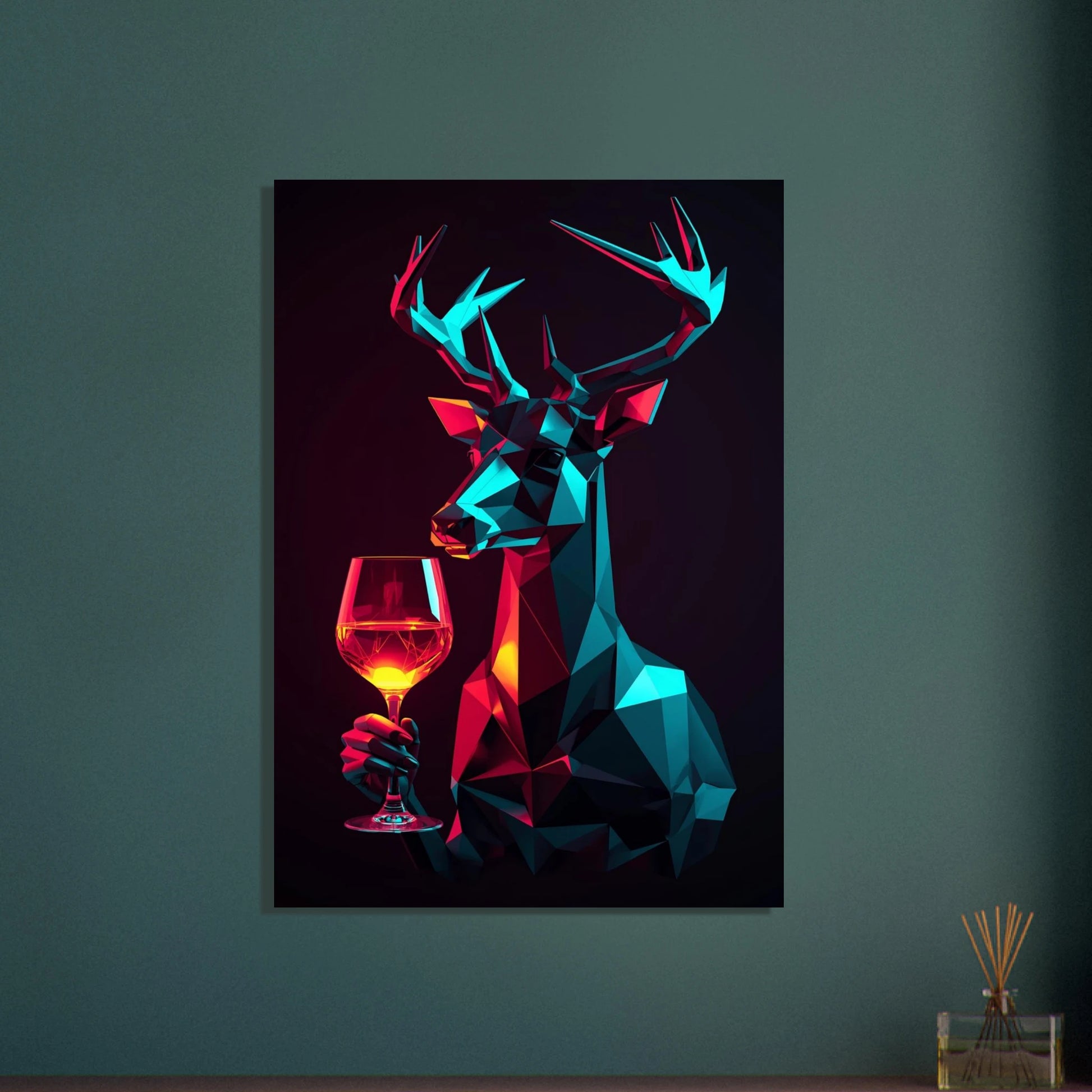Geometrisk hjort i neonfärger med ett glas vin, abstrakt konst.