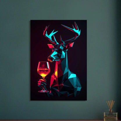Geometrisk hjort i neonfärger med ett glas vin, abstrakt konst.