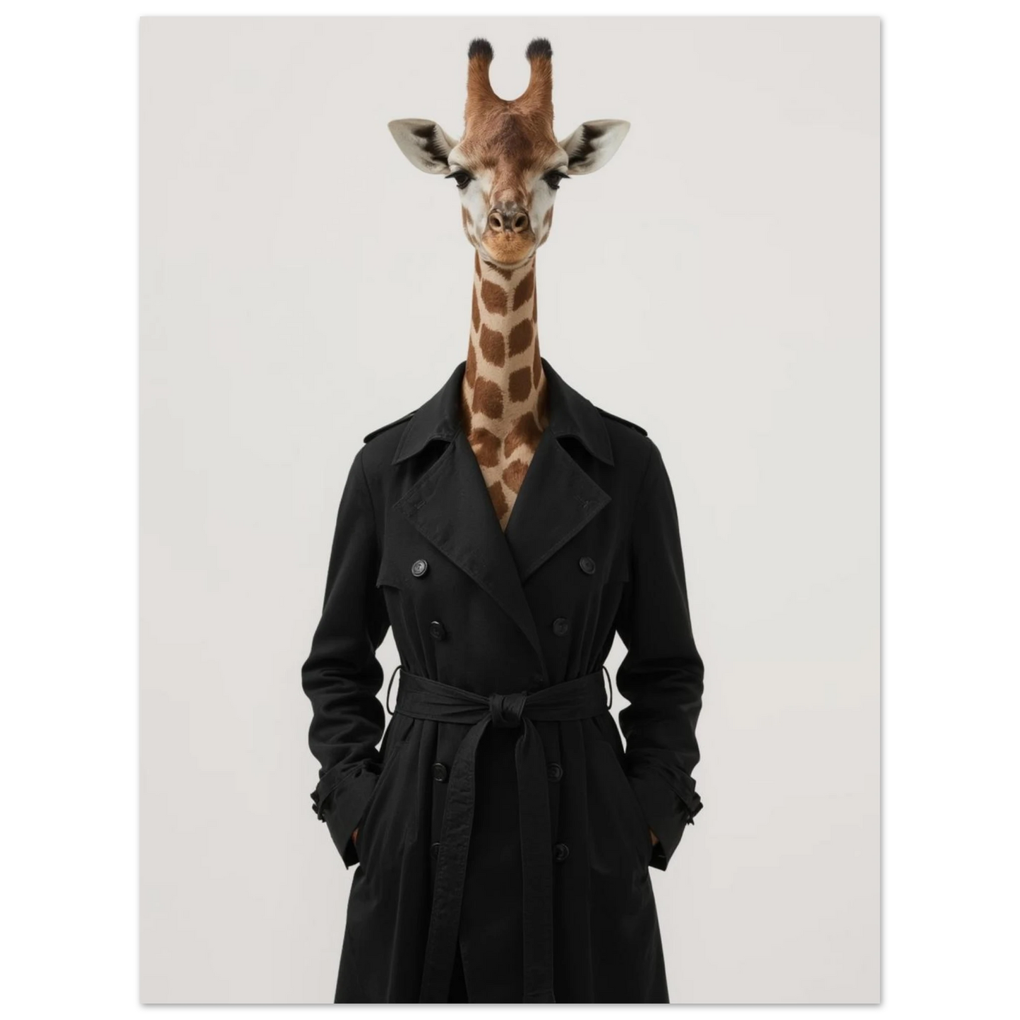 Modeinspirerad djurposter med giraff i svart kappa och hög krage