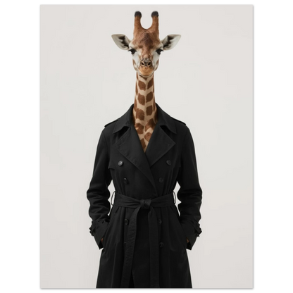 Modeinspirerad djurposter med giraff i svart kappa och hög krage