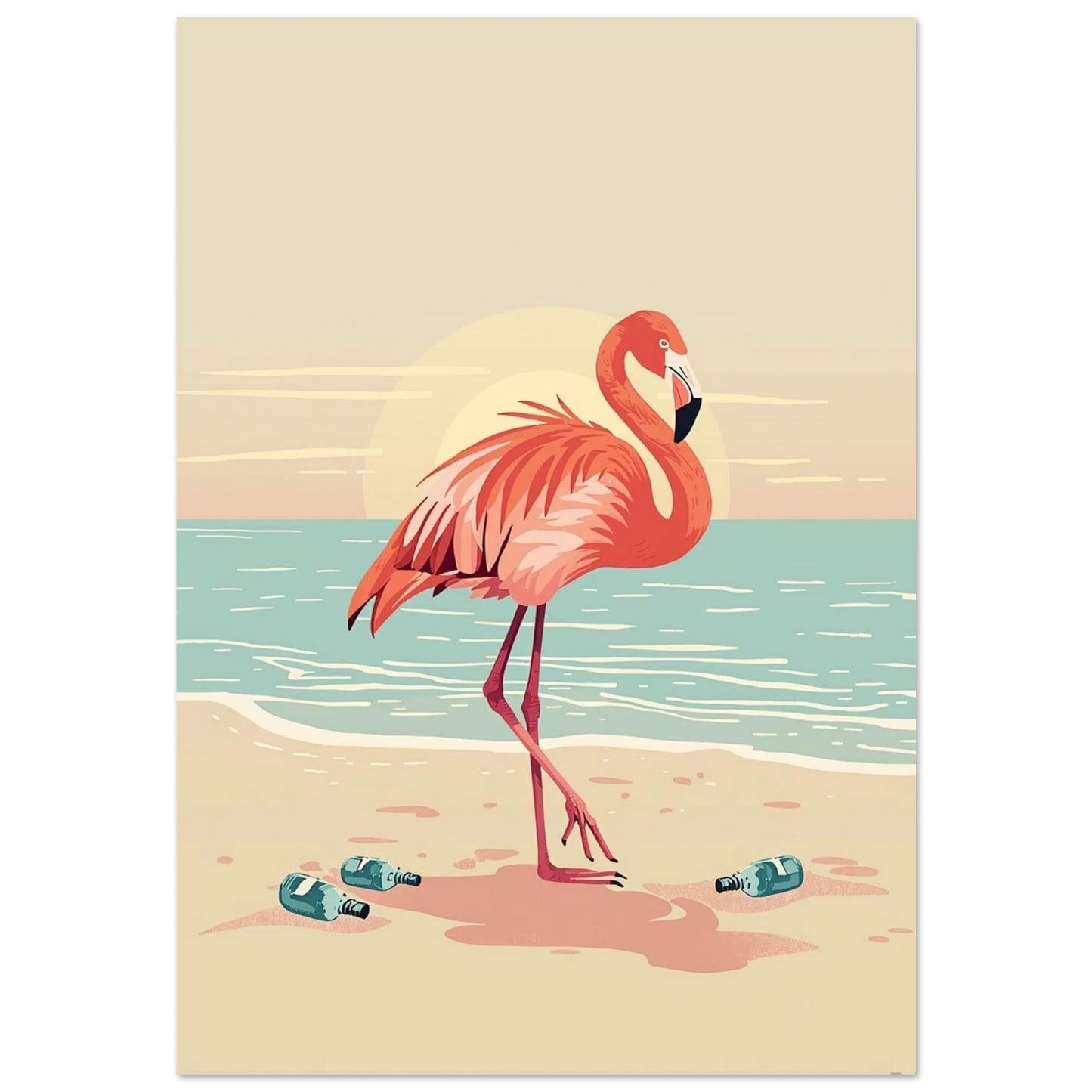 Rosa flamingo på sandstrand med flaskpost vid turkost hav – retroposter