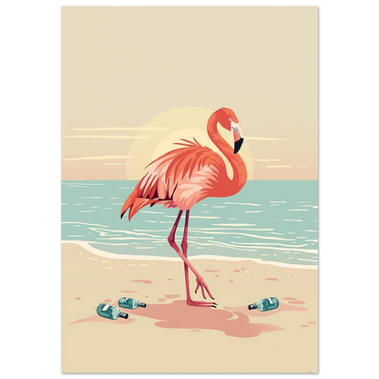 Rosa flamingo på sandstrand med flaskpost vid turkost hav – retroposter