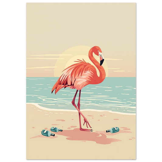 Rosa flamingo på sandstrand med flaskpost vid turkost hav – retroposter