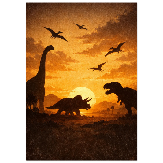 Dinosaurier i silhuett mot en orange solnedgång – Retro poster