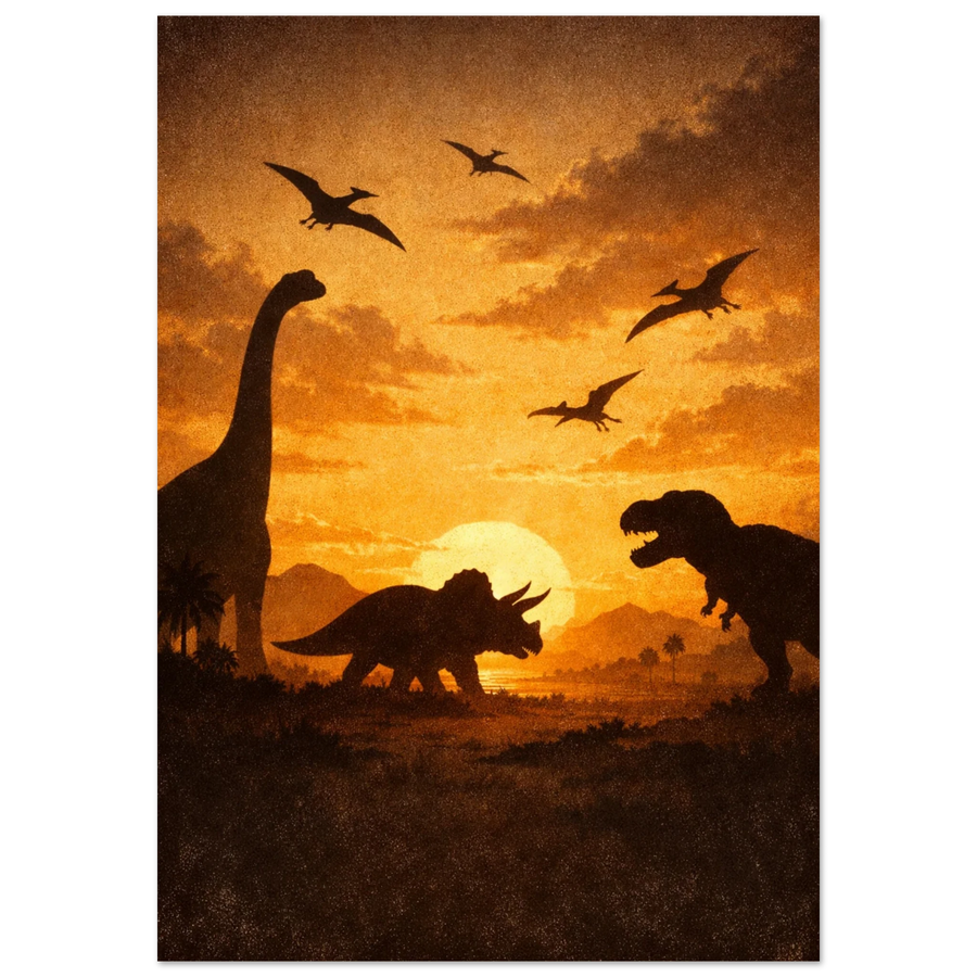 Dinosaurier i silhuett mot en orange solnedgång – Retro poster