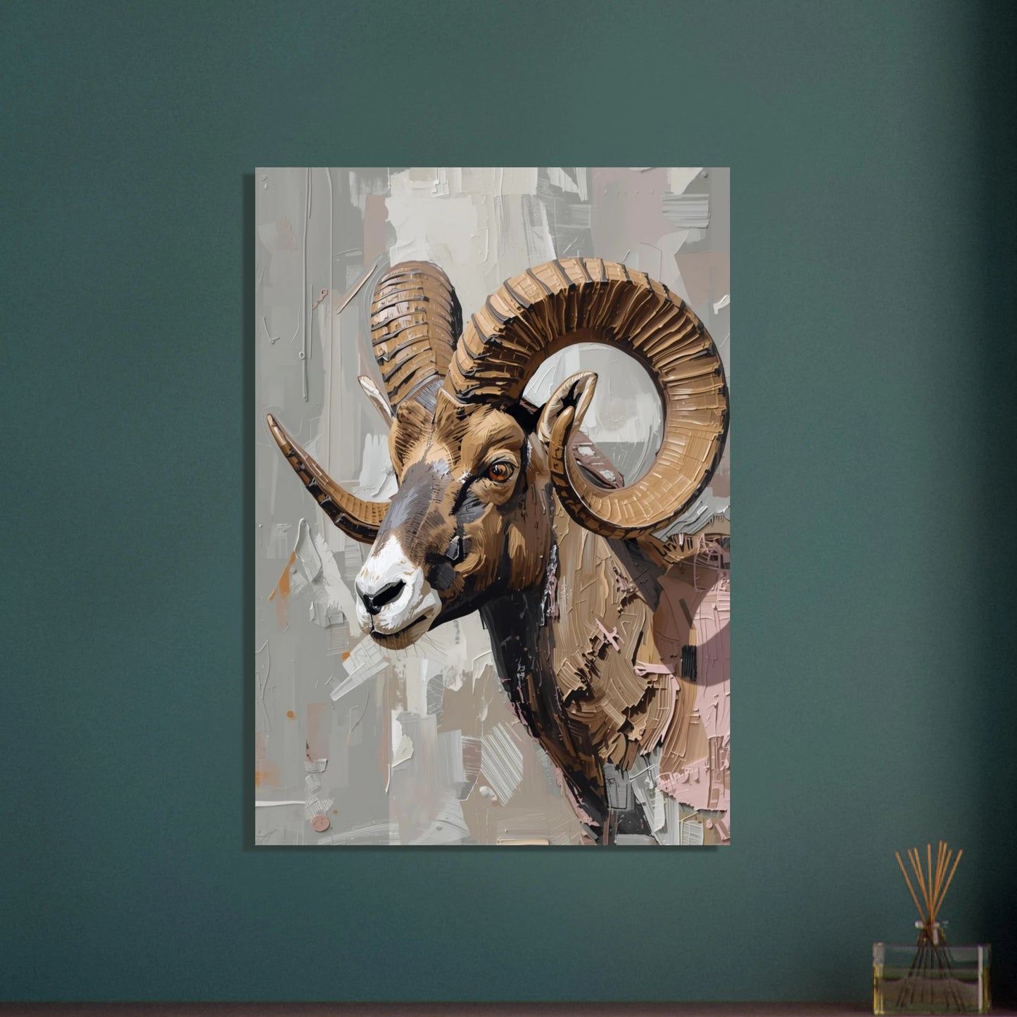 Majestätisk vädur med stora horn i impasto oljemålning stil.