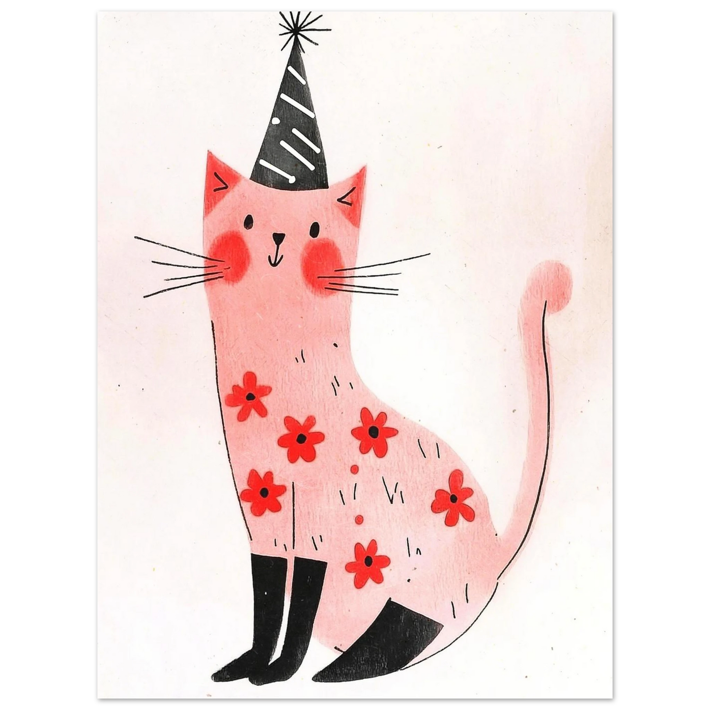 Barnposter med en rosa katt dekorerad med röda blommor och hatt