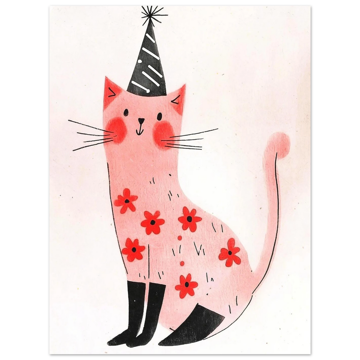 Barnposter med en rosa katt dekorerad med röda blommor och hatt