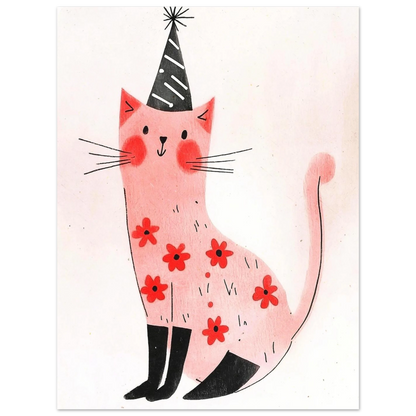 Barnposter med en rosa katt dekorerad med röda blommor och hatt