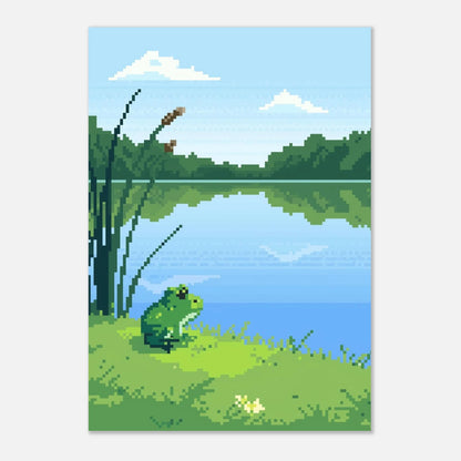 Söt groda vid en sjö i retro pixelstil – naturmotiv