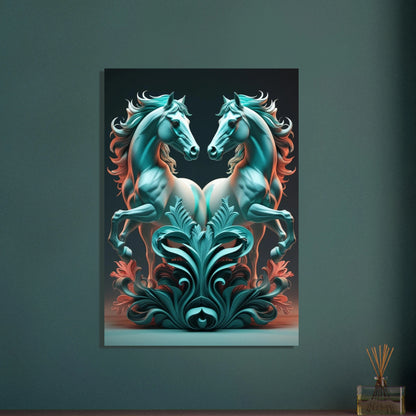 Två symmetriska hästar i konstnärlig stil, mystisk och elegant design.