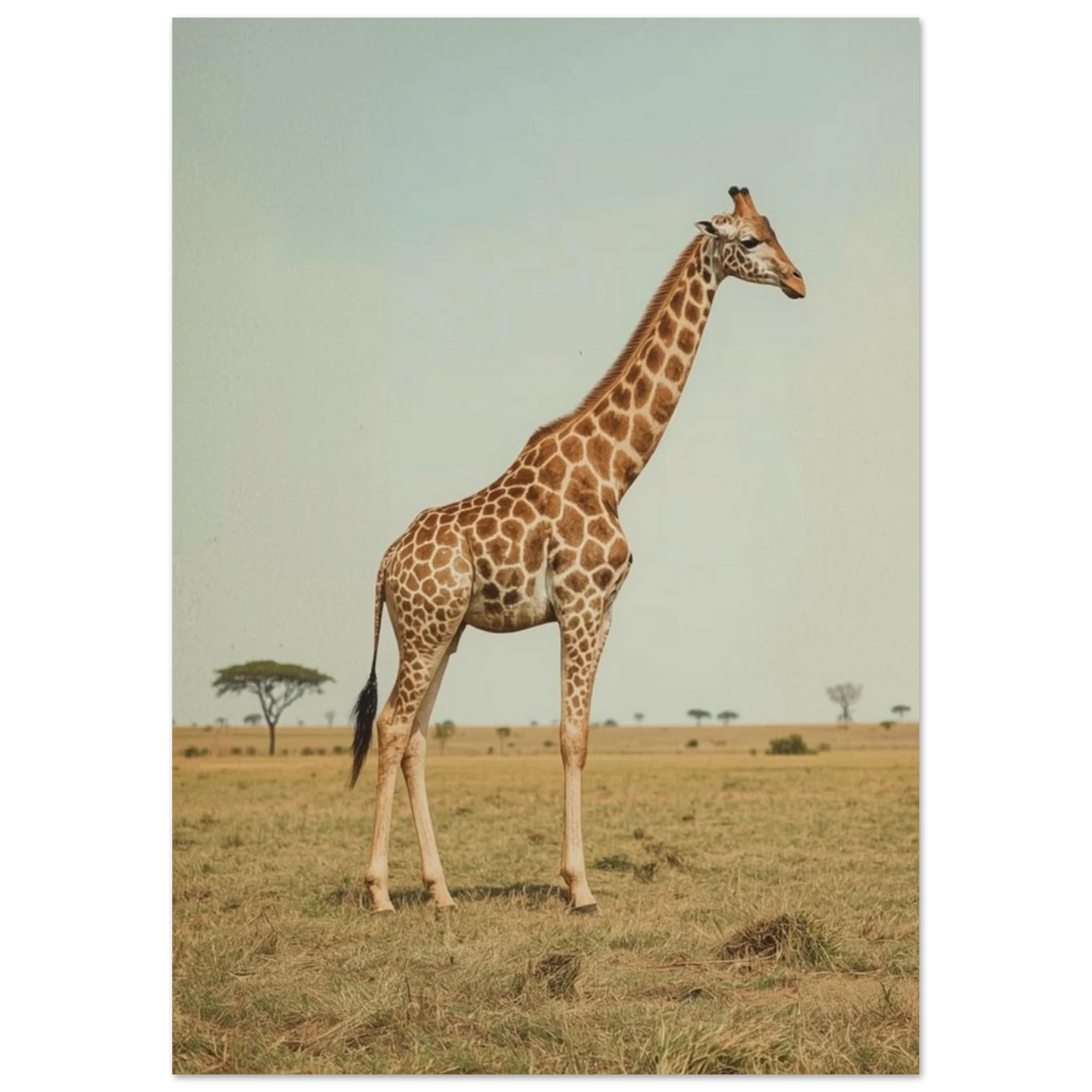 Närbild på giraffens mönster och profil mot blå himmel – retro poster