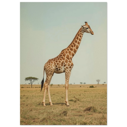 Närbild på giraffens mönster och profil mot blå himmel – retro poster