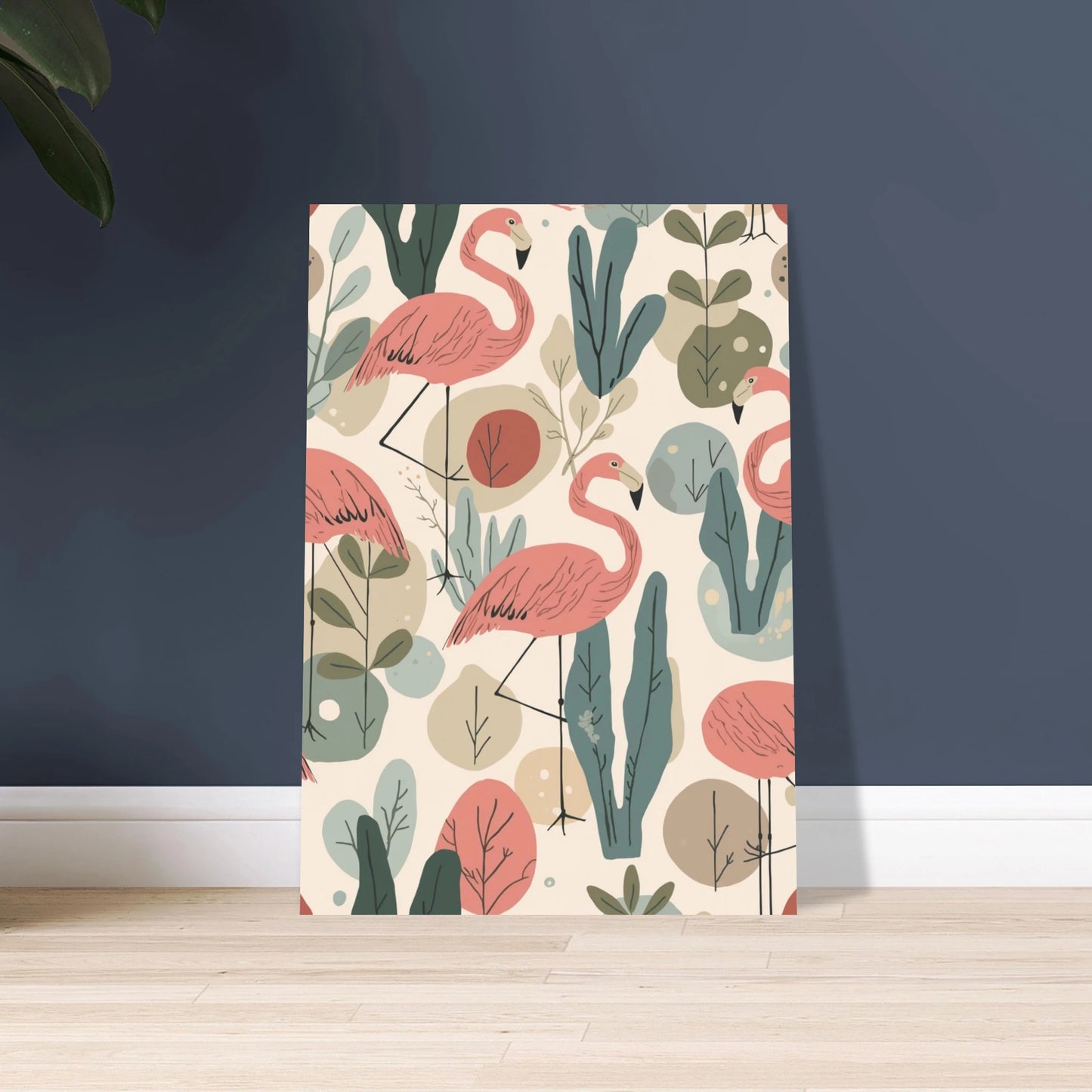 Flamingo i tropiskt mönster, skandinavisk design med abstrakta växter