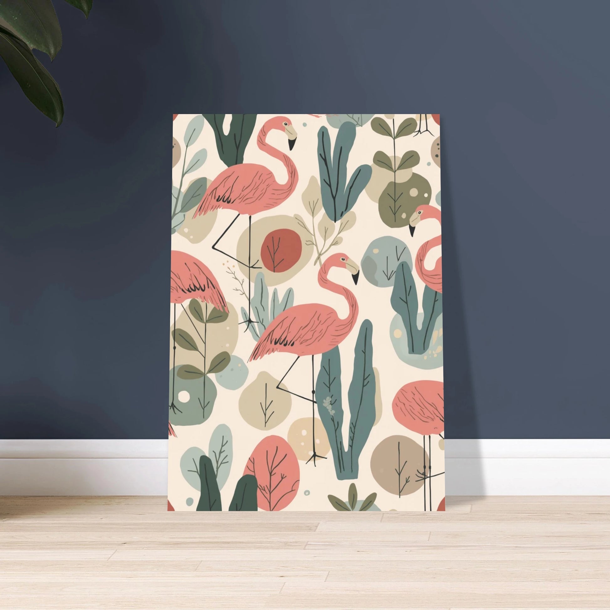 Flamingo i tropiskt mönster, skandinavisk design med abstrakta växter