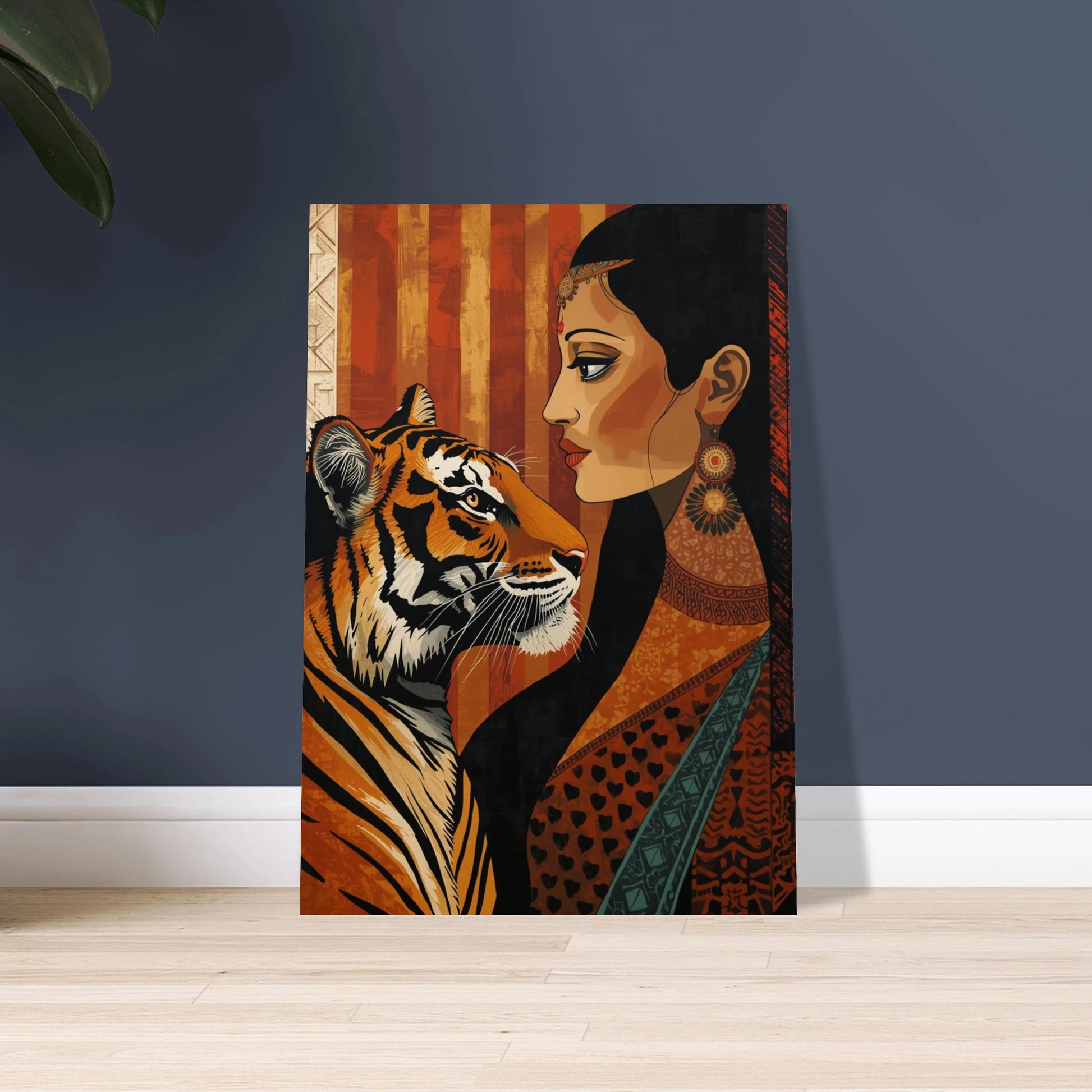 Stiliserad tiger i indisk kubistisk folkstil, mystisk och konstnärlig