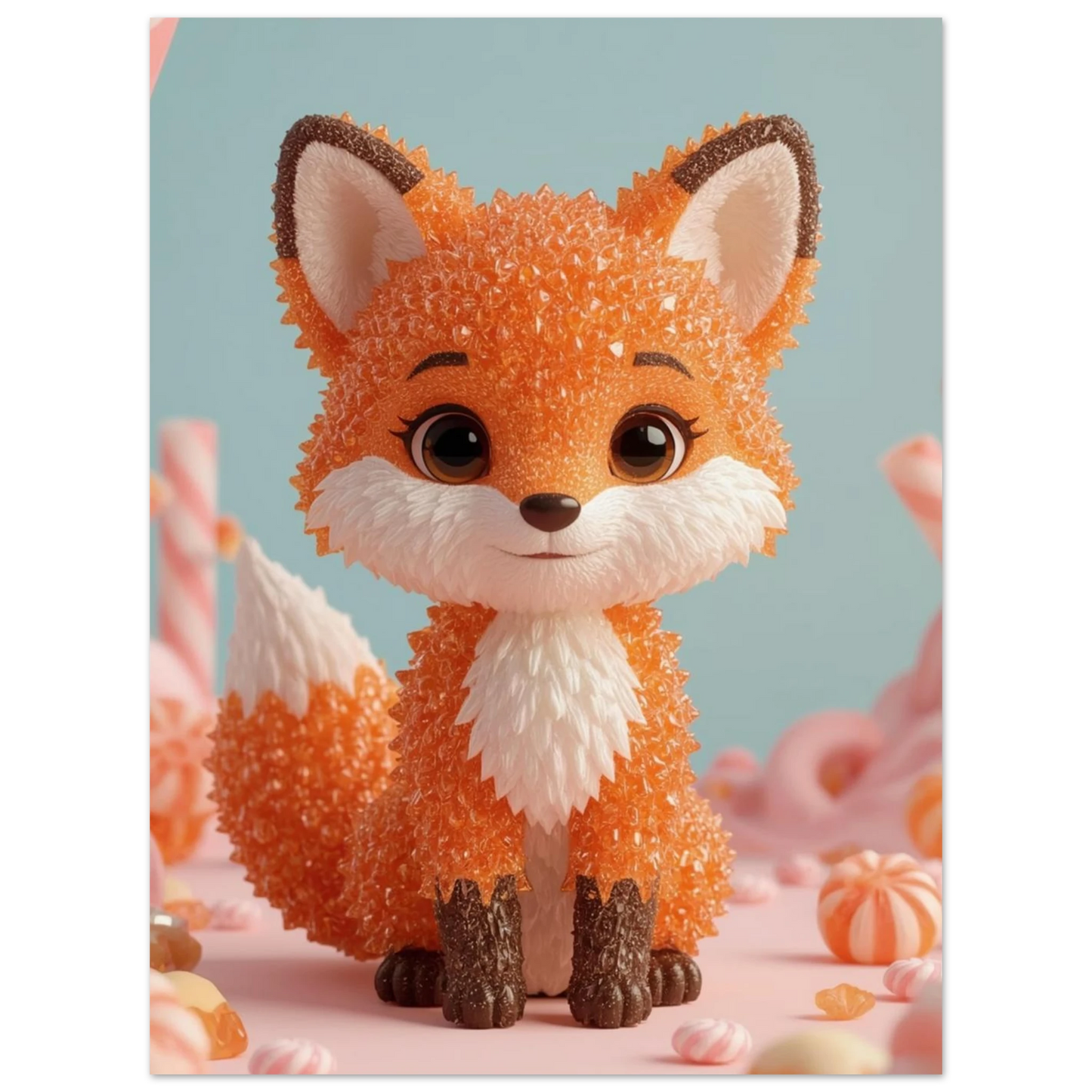 Barnrumsposter med en rävunge gjord av krispigt orange godis och fluff