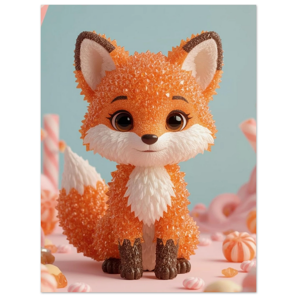 Barnrumsposter med en rävunge gjord av krispigt orange godis och fluff