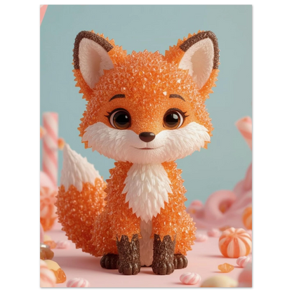 Barnrumsposter med en rävunge gjord av krispigt orange godis och fluff