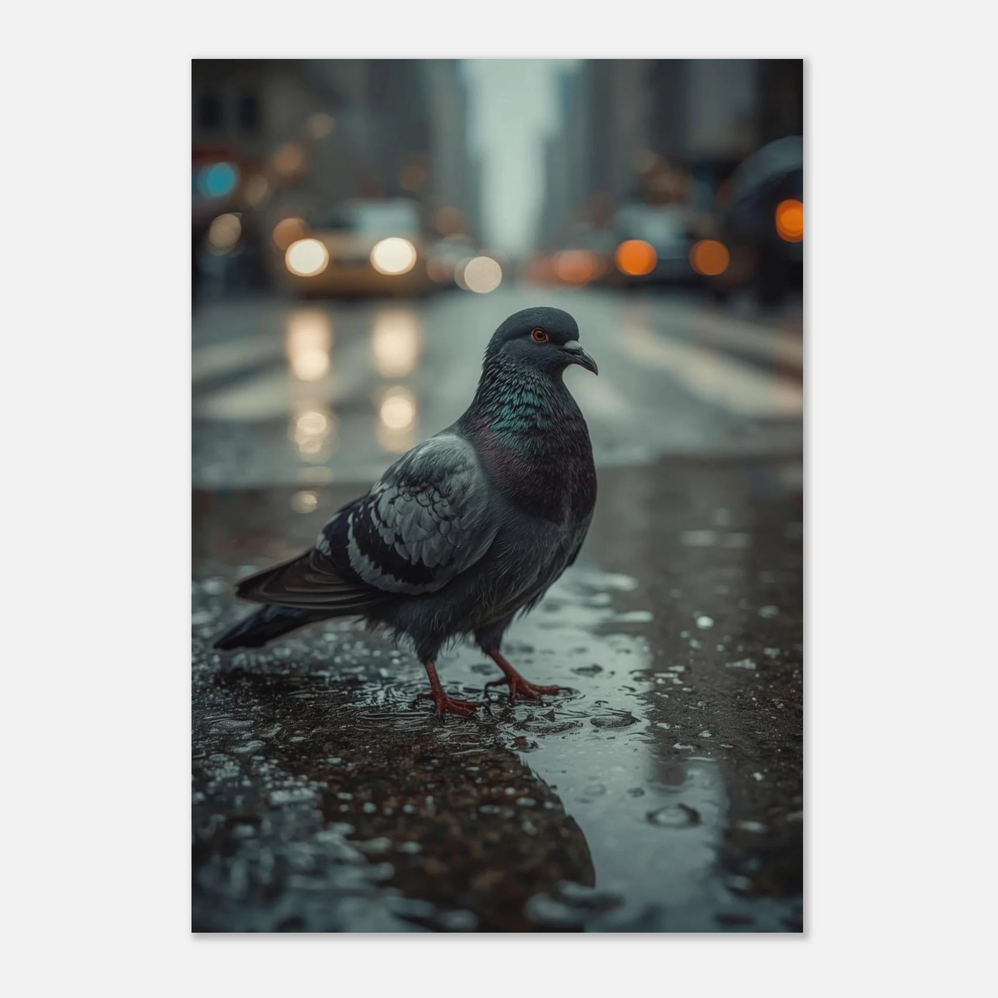 Konstnärligt fotografi av en duva på en gata i New York med varma ljusreflexer