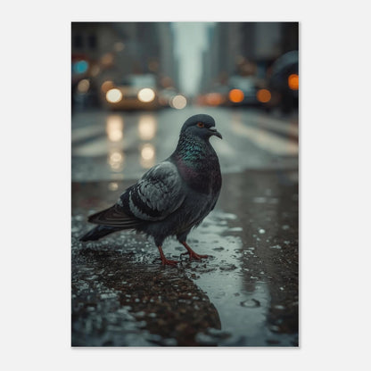 Konstnärligt fotografi av en duva på en gata i New York med varma ljusreflexer