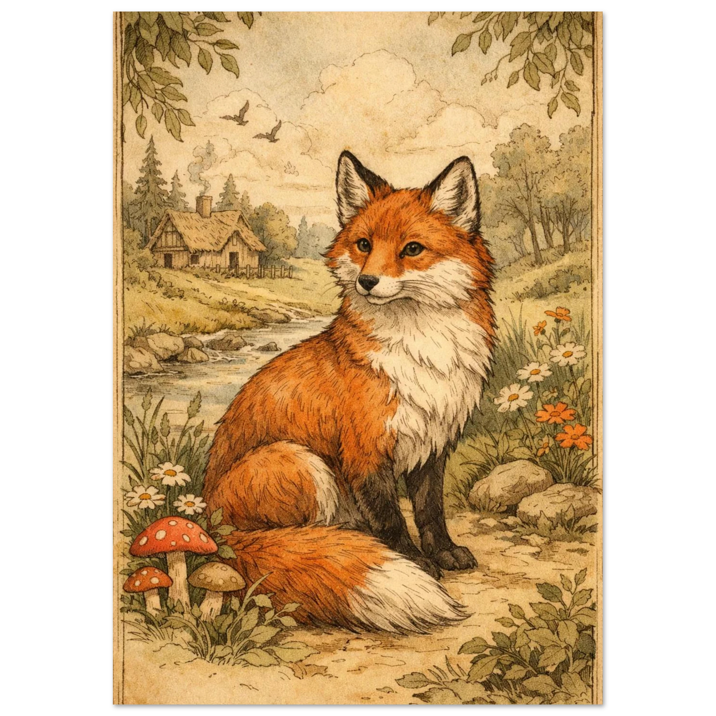 Detaljrik illustration av en räv omgiven av vilda blommor och natur