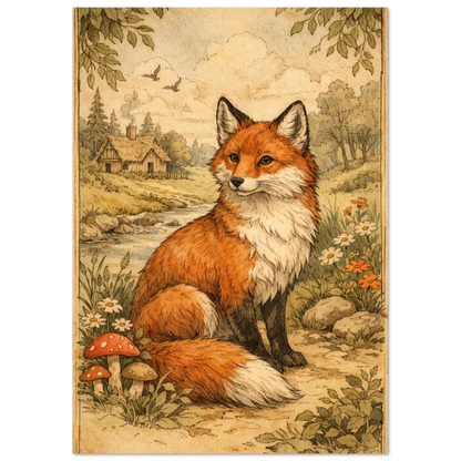 Detaljrik illustration av en räv omgiven av vilda blommor och natur