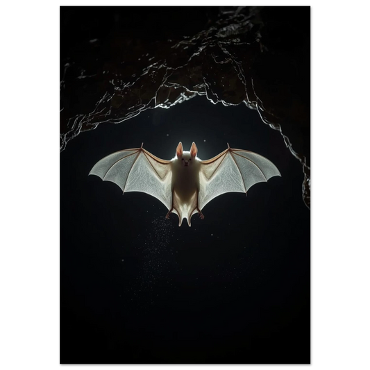 Vit fladdermus med utsträckta vingar i en mörk grottöppning, fotorealistiskt djurmotiv