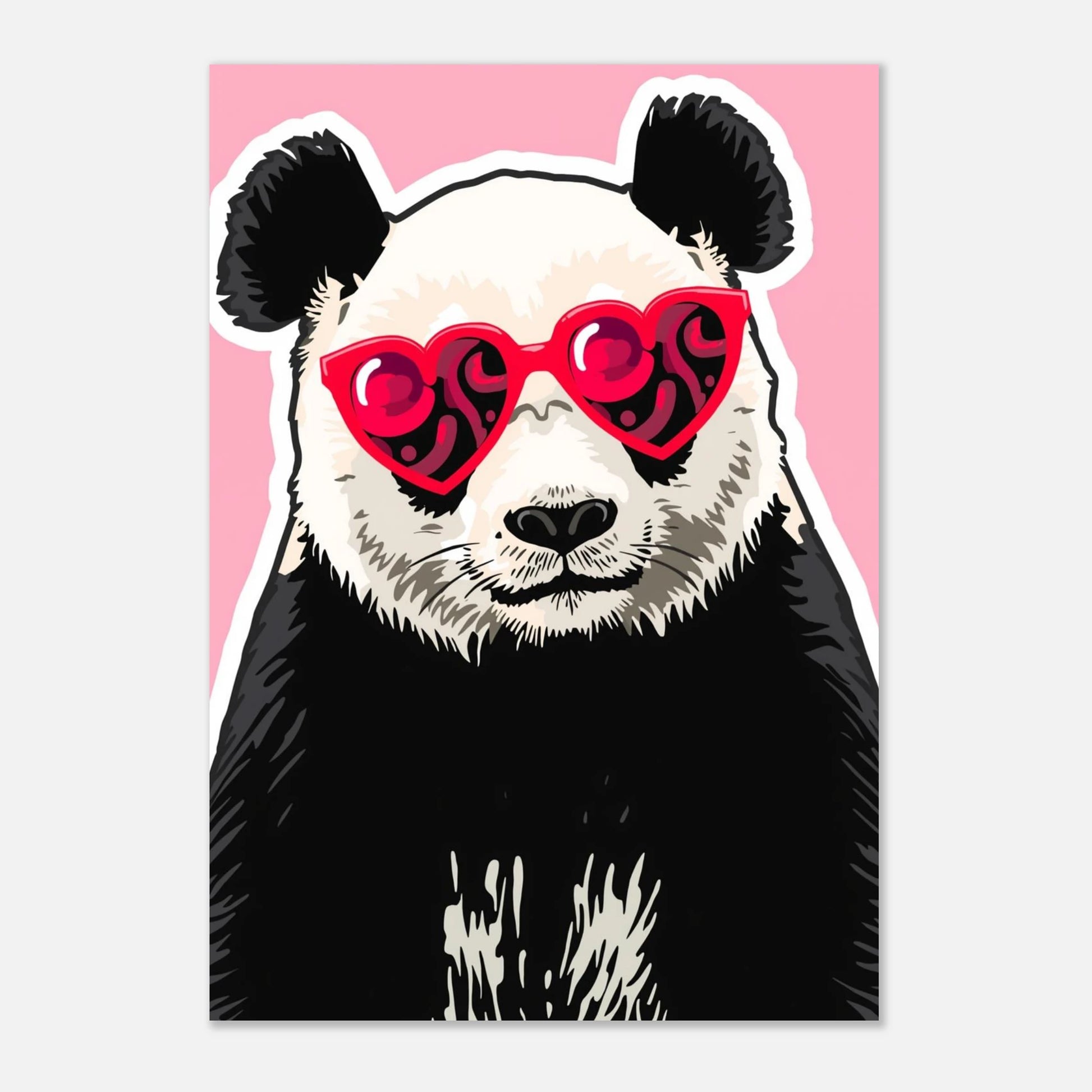 Illustration av en panda som bär röda hjärtglasögon i pop art-stil