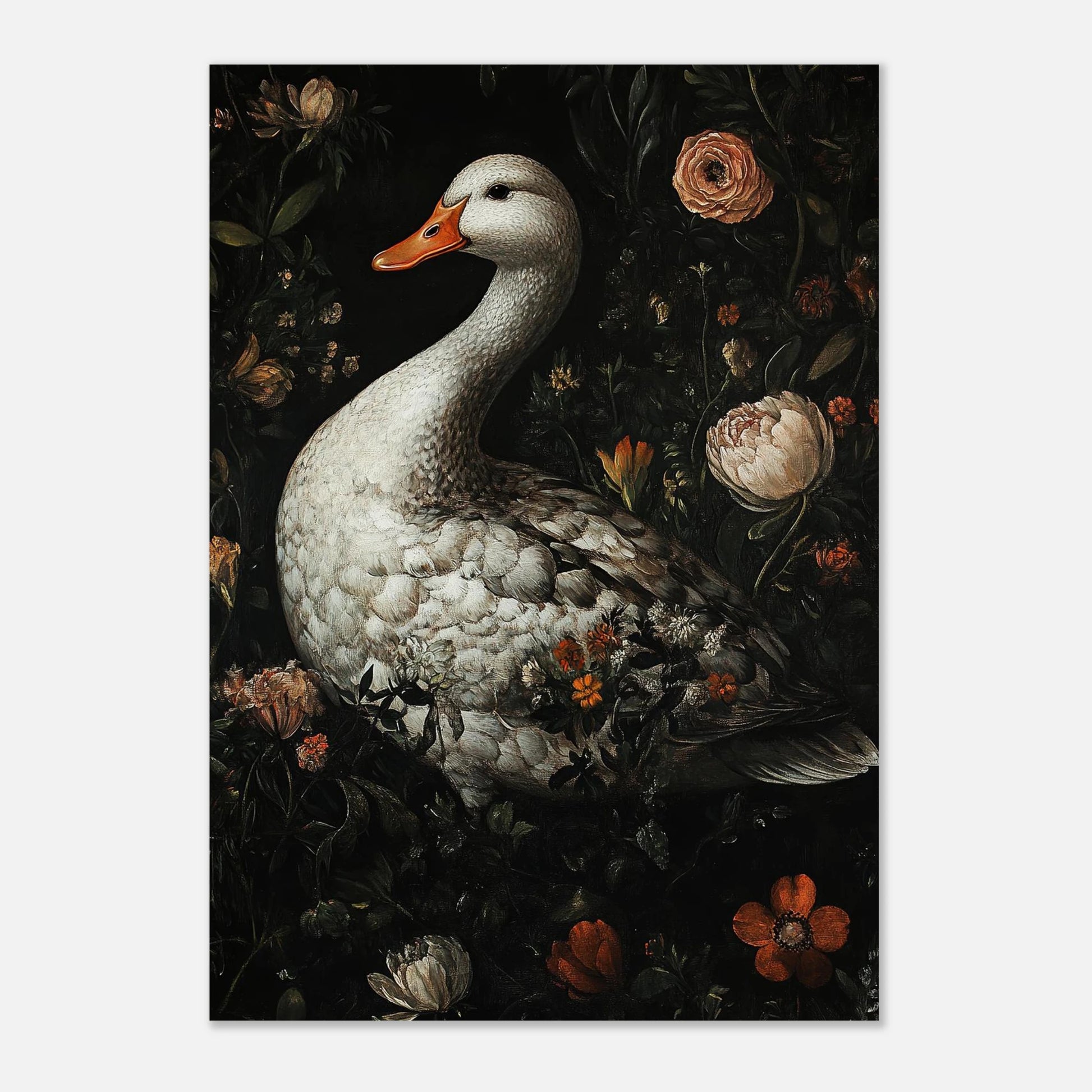 Klassiskt stilleben med en gås och färgstarka blommor, inramad djurposter