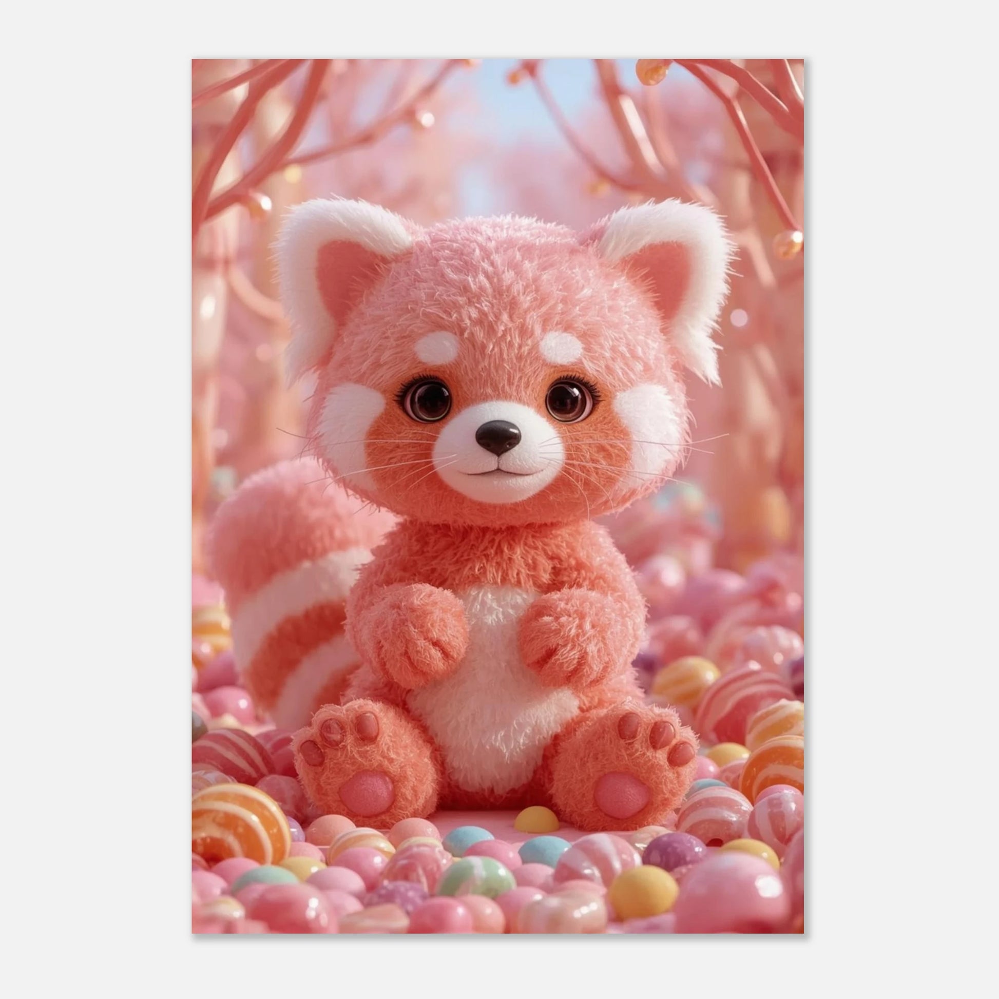 Konstnärligt motiv av en rosa fantasipanda sittande på karamellbädd