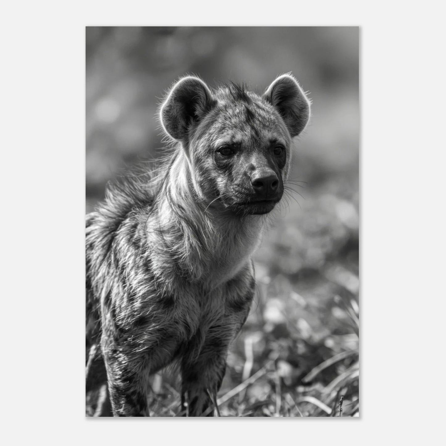 Inramad djurposter av en hyena i naturligt ljus, fotokonst