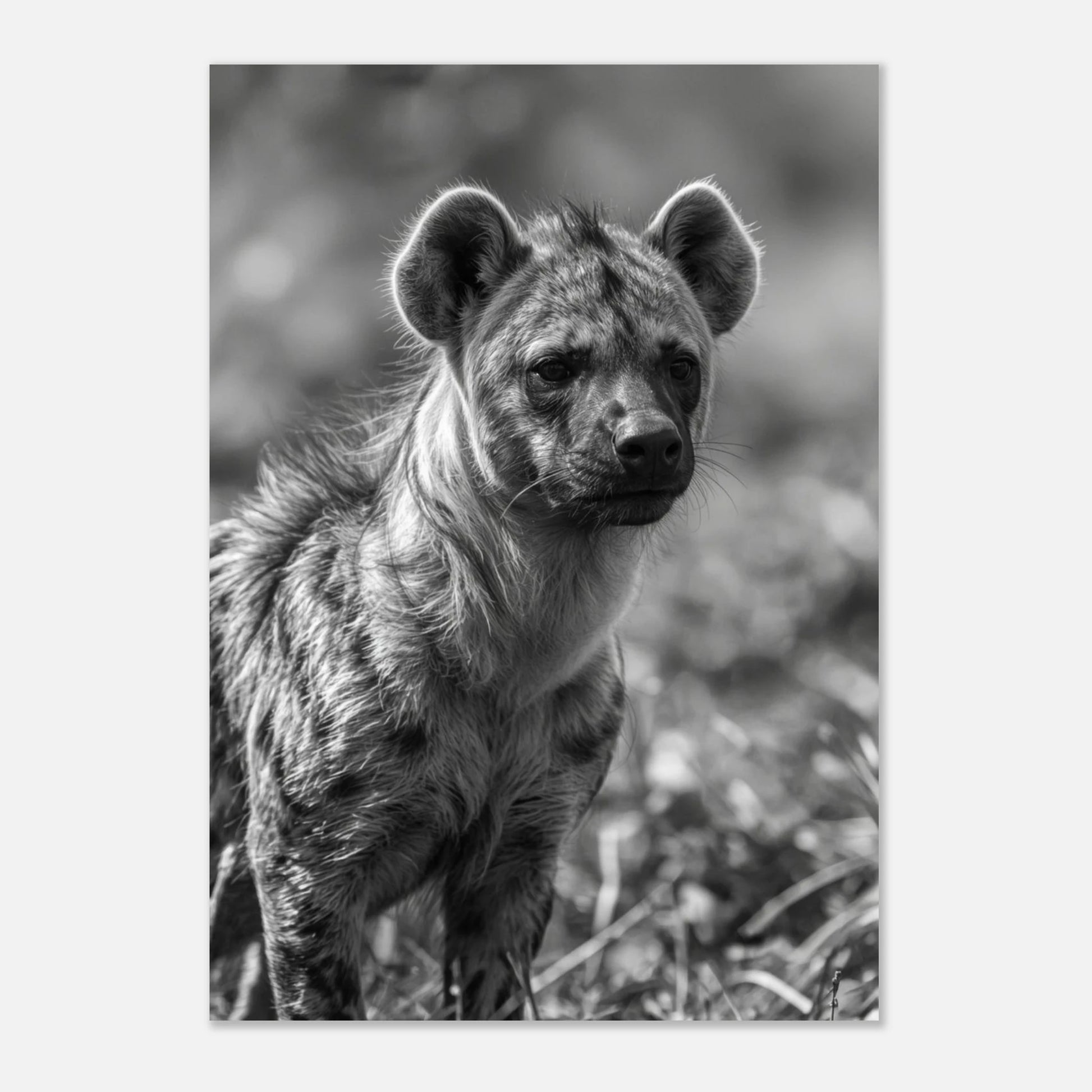 Inramad djurposter av en hyena i naturligt ljus, fotokonst