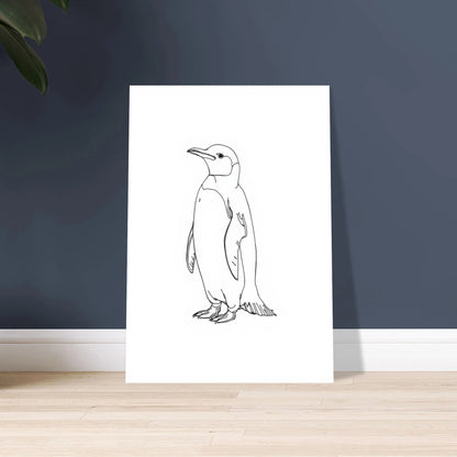 Pingvin i enkel linjeteckning, minimalistisk och elegant djurkonst.
