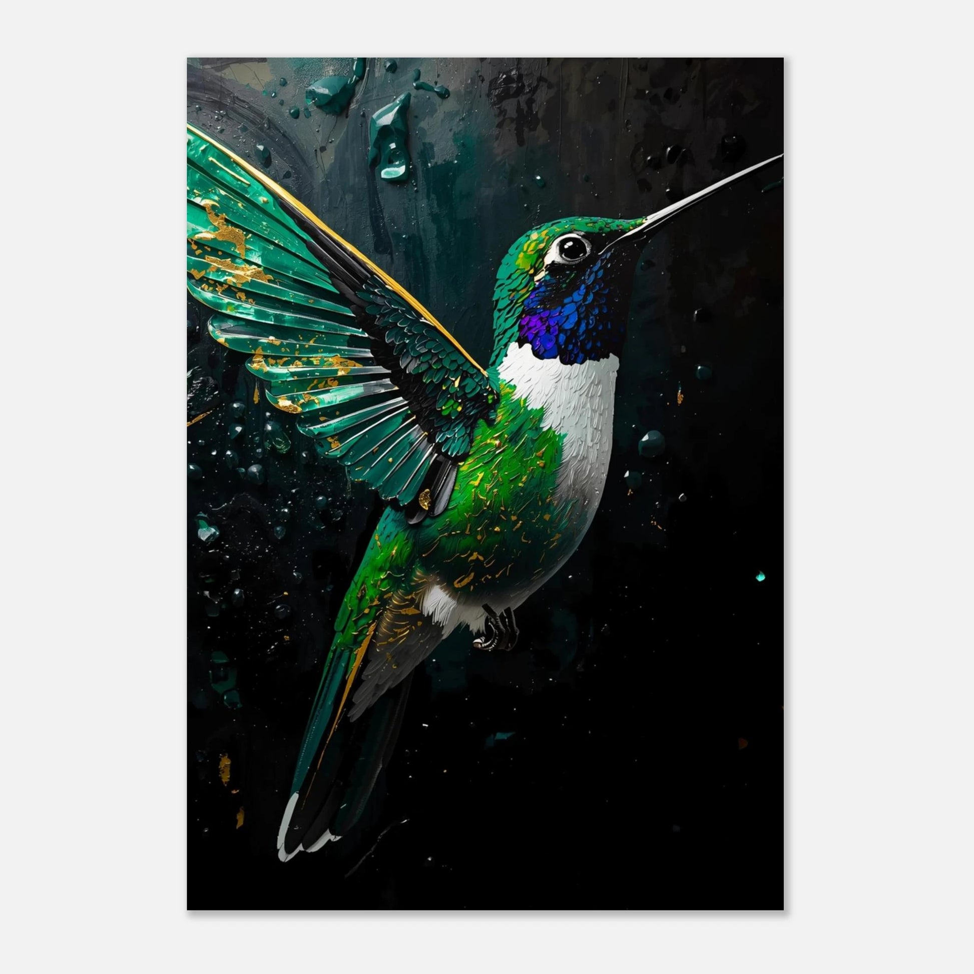 Exklusivt print med kolibri i gröna och lila toner på canvas