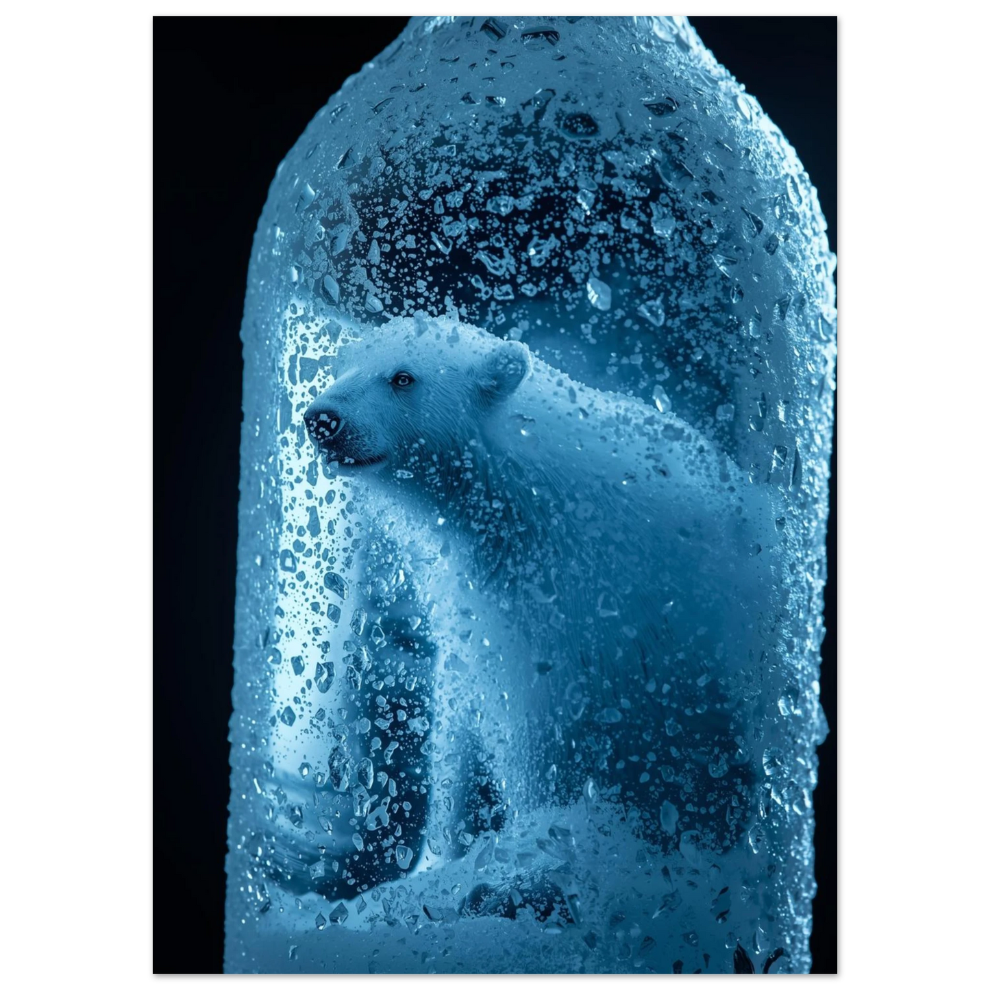 Närbild på isbjörn i en isig glasflaska, blått arktiskt naturmotiv