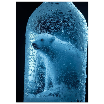 Närbild på isbjörn i en isig glasflaska, blått arktiskt naturmotiv