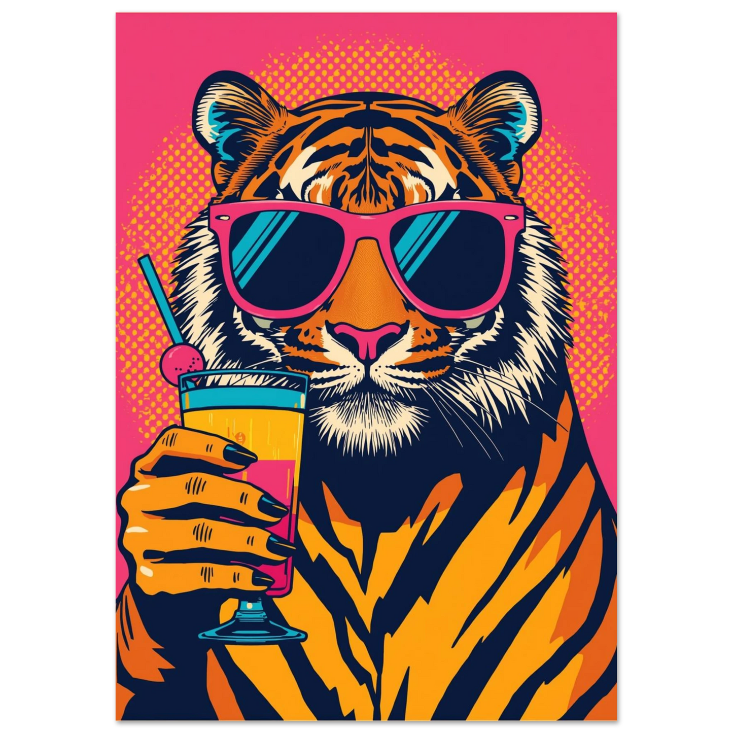 Modern djurposter föreställande en tiger som dricker cocktail i starka färger