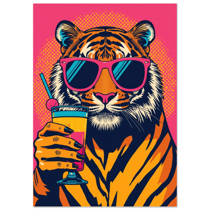 Modern djurposter föreställande en tiger som dricker cocktail i starka färger