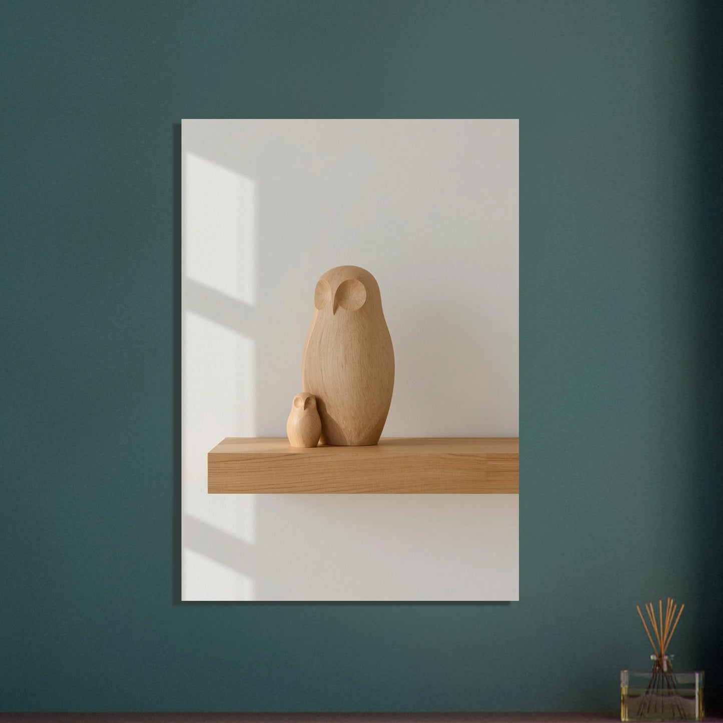 Minimalistisk uggla i trä på hylla, modern inredningsdetalj