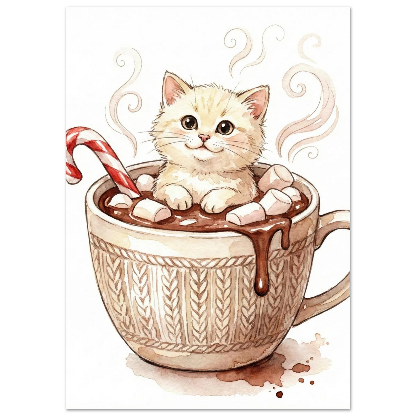Detaljerad akvarell av katt i kaffekopp med rykande varm dryck