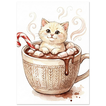 Detaljerad akvarell av katt i kaffekopp med rykande varm dryck