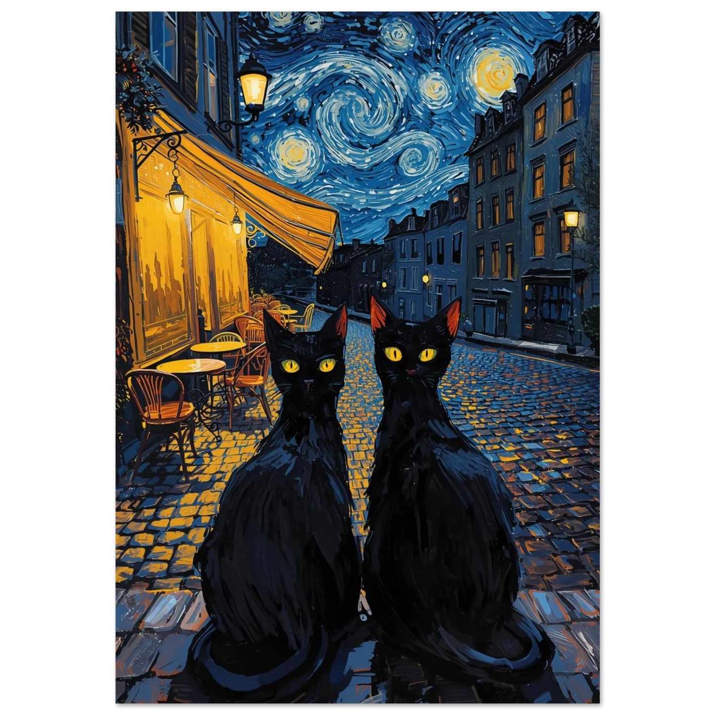 Två svarta katter på kullerstensgata under virvlande stjärnhimmel, expressionistisk djurposter