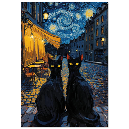 Två svarta katter på kullerstensgata under virvlande stjärnhimmel, expressionistisk djurposter