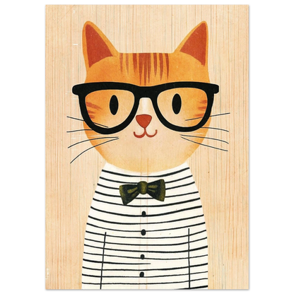Stilig kattillustration med hipsterglasögon och svartvitrandig tröja på träbakgrund