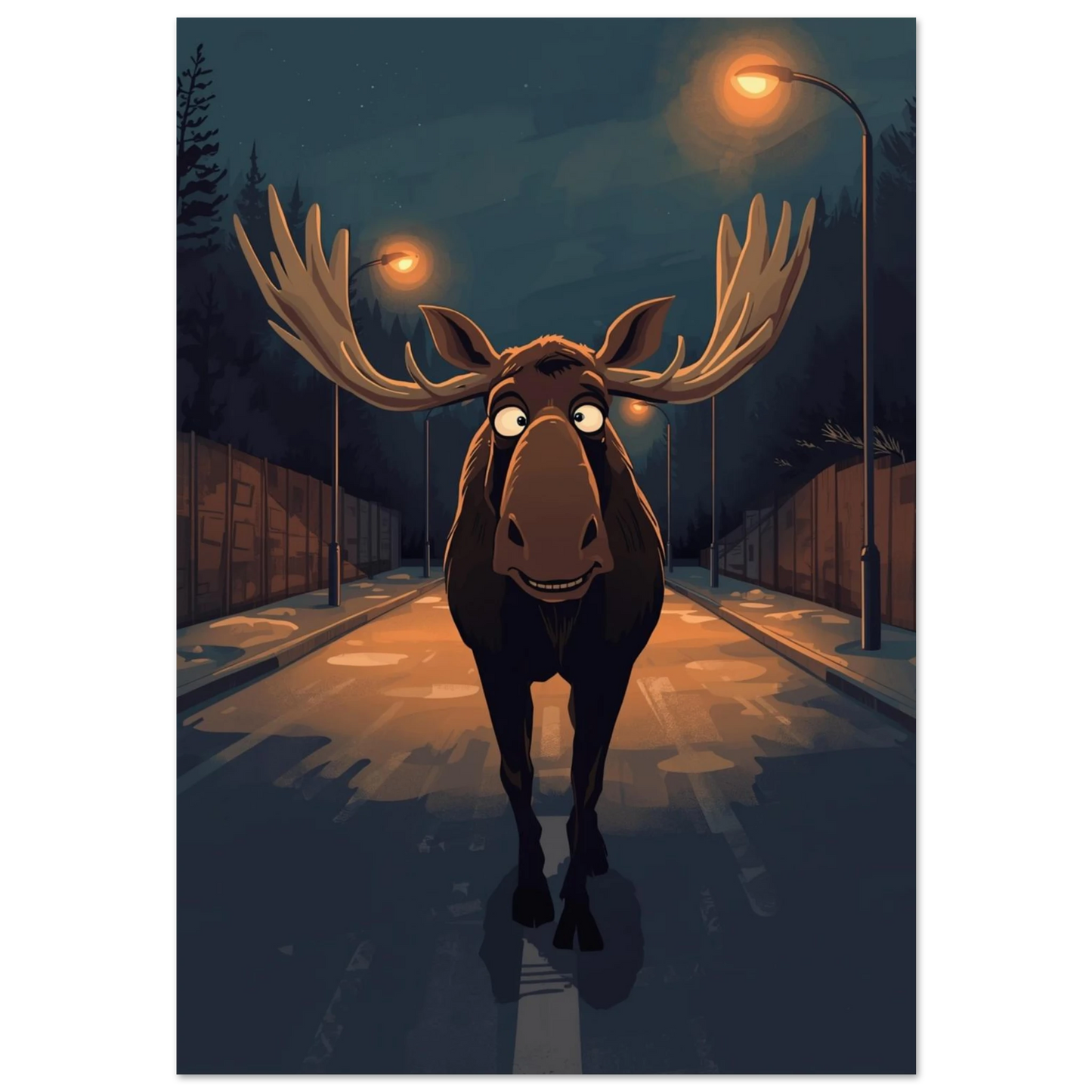 Humoristisk illustration av en glad älg på en mörk stadsgata