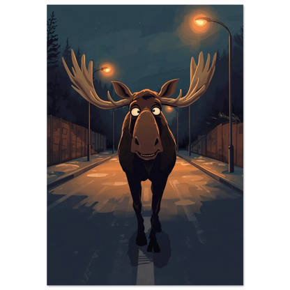 Humoristisk illustration av en glad älg på en mörk stadsgata