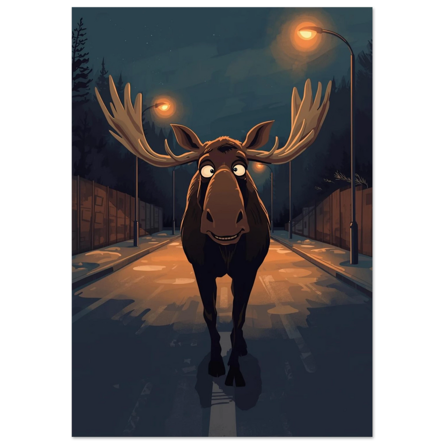 Humoristisk illustration av en glad älg på en mörk stadsgata
